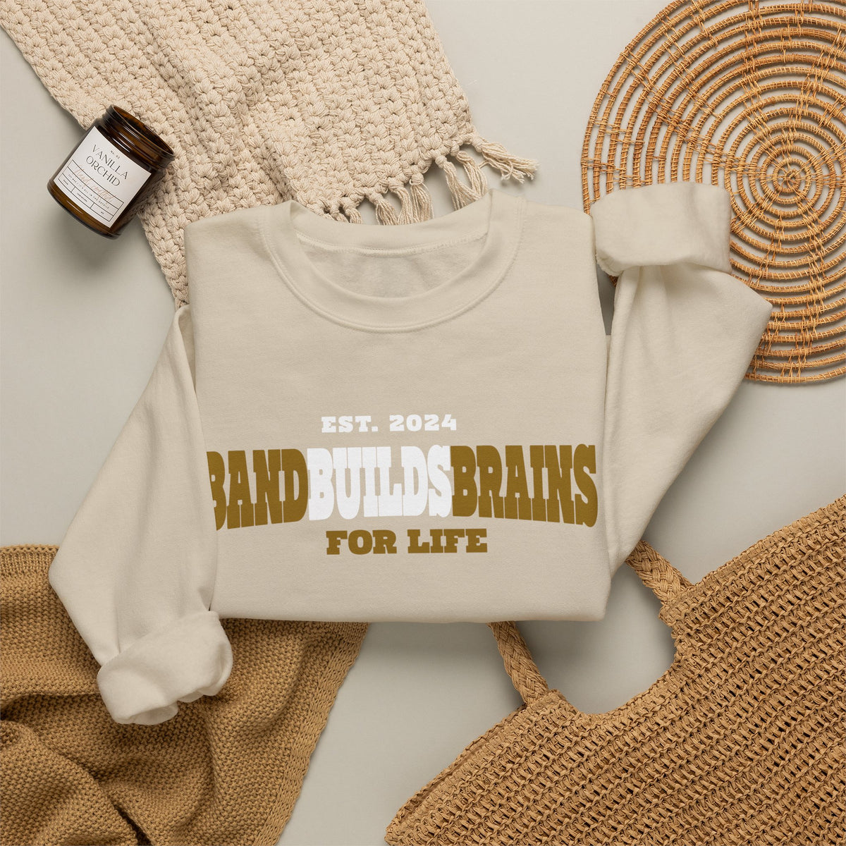 Crewneck Sweatshirt – "Band Builds Brains for Life" Established 2024, Marching Band Pride